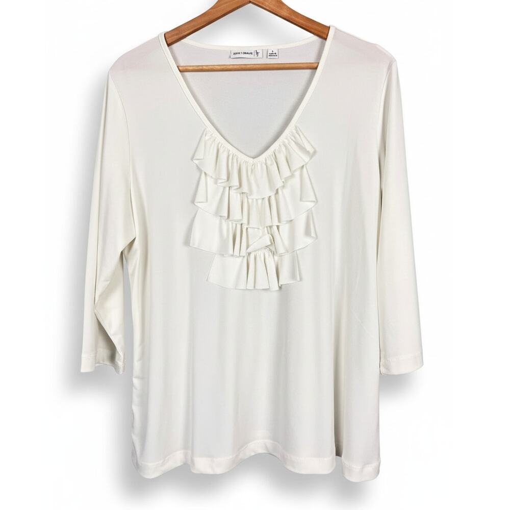 Susan Graver Womens L Ruffle Office Career Romantic Preppy‎ Coquette Knit Blouse